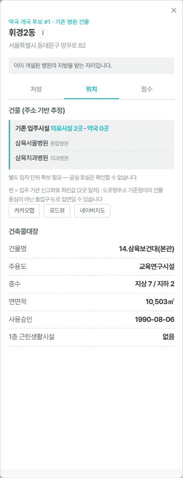 약국 개국 후보 상세 — 위치 탭 (건물, 기존 입주시설, 건축물대장)